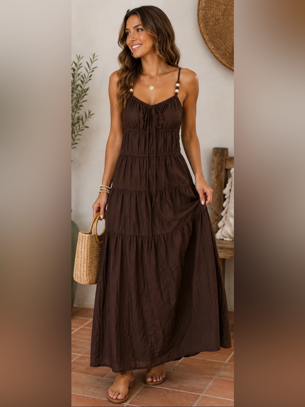 724 Sim & Sam XS Brown Boho Maxi Dress Beaded Straps Tiered Cotton